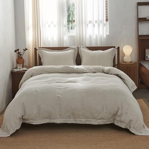 Simple&Opulence 100% Linen Duvet Cover Set with Embroidery Border Washed - 3 Pieces (1 Duvet Cover with 2 Pillow Shams) with Button Closure Soft Breathable Farmhouse - Linen, Queen Size Simple&Opulence