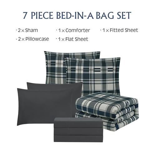 MaiRêve Queen Size Comforter Set Navy Blue, Classic Plaid Farmhouse 7 Pieces Bedding Set, All Season Lightweight Bed in a Bag with Sheets, Pillowcases & Shams MaiRêve