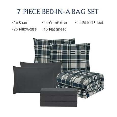 MaiRêve Queen Size Comforter Set Navy Blue, Classic Plaid Farmhouse 7 Pieces Bedding Set, All Season Lightweight Bed in a Bag with Sheets, Pillowcases & Shams MaiRêve