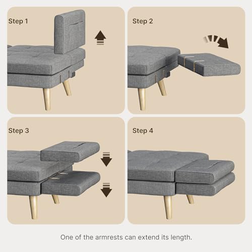 Gizoon Futon Sofa Bed, 70.9" Futon Couch with Adjustable Backrest, Removable Armrest for Extended Length, Mid Century Modern Loveseat for Living Room, 6 Wood Legs, 2 Metal Support Rods, Dark Grey Gizoon