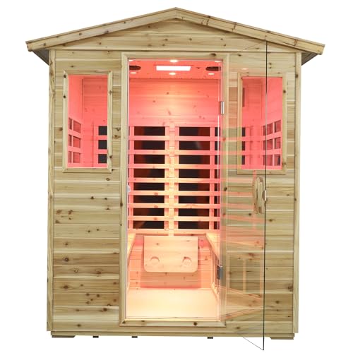 Kanlanth Outdoor Infrared Sauna with Red Light Therapy, 4 Person 2050watt Canadian Hemlock Wood Personal Sauna Room for Indoor Home, with Blue-Tooth, 4 Chromo Therapy Lighting, Control, Cup Holder Kanlanth