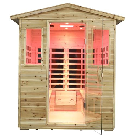 Kanlanth Outdoor Infrared Sauna with Red Light Therapy, 4 Person 2050watt Canadian Hemlock Wood Personal Sauna Room for Indoor Home, with Blue-Tooth, 4 Chromo Therapy Lighting, Control, Cup Holder Kanlanth