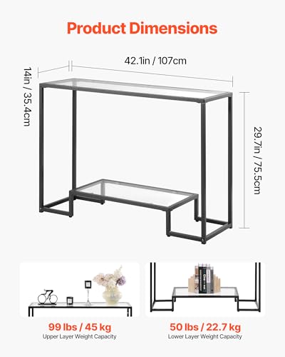VEVOR Glass Console Table, 42 Inch Entryway Table, Modern Rectangle Sofa Table with Tempered Glass Top and Iron Legs, 2-Tier Consloe Desk for Living Room, Hallway, Entryway VEVOR