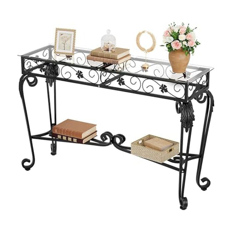 HavenlyYouth Console Table 47.2", Tempered Glass Sofa Tables, Vintage Entryway Table with Metal Frame, Console Tables for Living Room, Entrance, Foyer, Adjustable Feet (Black) HavenlyYouth