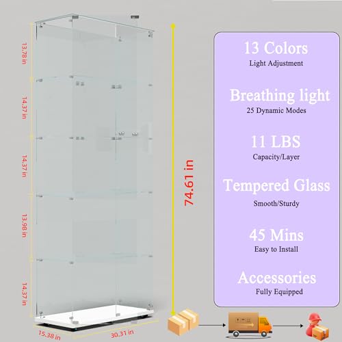 TRJQBCC 74" H Tempered Glass Display Cabinet with LED Lights, 5-Shelf Wooden Curio Storage Cabinet with Tempered Glass Top & Casters, 2 Door Lockable Display Case Bookshelf for Living Room(White) TRJQBCC