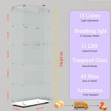 TRJQBCC 74" H Tempered Glass Display Cabinet with LED Lights, 5-Shelf Wooden Curio Storage Cabinet with Tempered Glass Top & Casters, 2 Door Lockable Display Case Bookshelf for Living Room(White) TRJQBCC