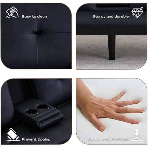 ODOLAR 67" Futon Sofa Bed,Convertible Sofa Bed with 2 Cup Holders,Sleeper Couch PVC Leather Removable Soft Armrest Small Couch for Living Room Apartments ﻿ (Black) ODOLAR