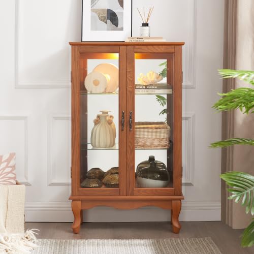 BGTR 2 Doors Curio Cabinet with Tempered Glass Doors, Curio Cabinets with Mirrored Back Panel and Adjustable Shelves, Lighted Display Cabinet for Home, Office Light Bulb Included Oak - WoodArtSupply