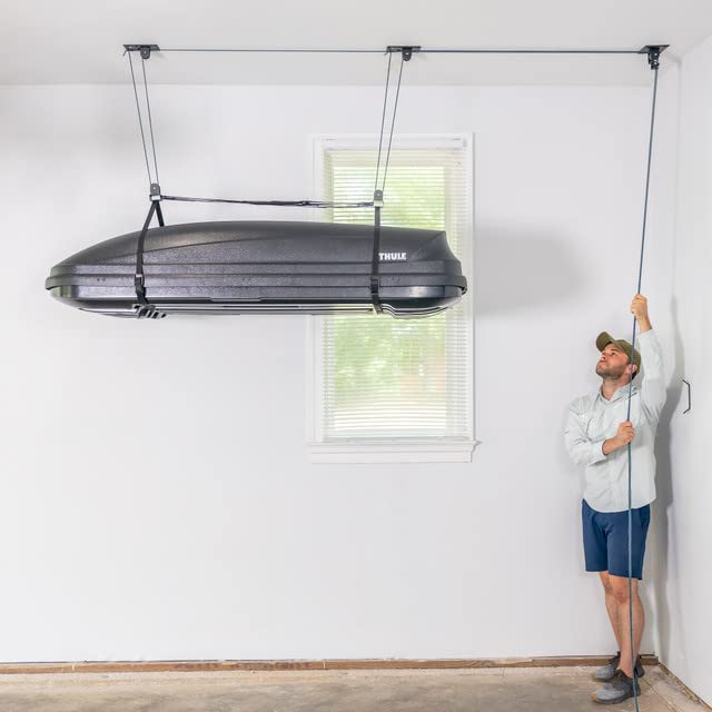 Teal Triangle Ceiling Storage Hoist for Cargo Box - Heavy Duty Garage Storage Lift - Garage Pulley Lift System Holds 150 lbs and Fits 8-10 ft Tall Garage Ceilings Teal Triangle