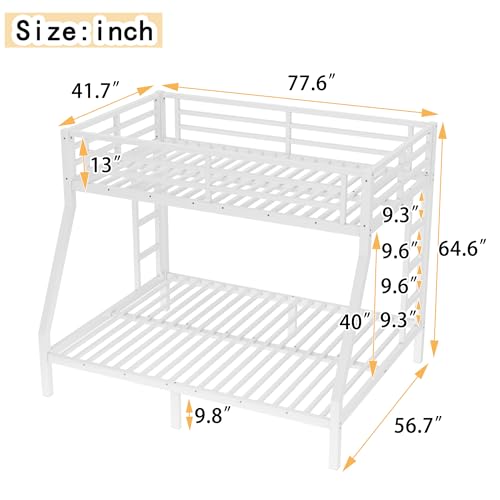 Bellemave Twin Over Full Bunk Bed with Ladders, Metal Bunk Beds Frame with Full-Length Guardrails, Heavy-Duty Bunkbed for Bedroom, Guest Room, Dorms, Noise-Reduce and No Spring Box Needed, White Bellemave