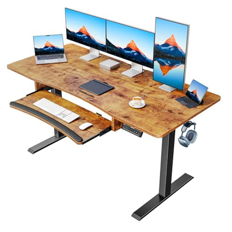 HUANUO 55" x 24" Electric Standing Desk with Large Keyboard Tray(26.7"), Adjustable Height Stand Up Desk for Home Office, 4 Memory Height Settings, 2 Headphone Hooks, Computer Workstation, Vintage HUANUO