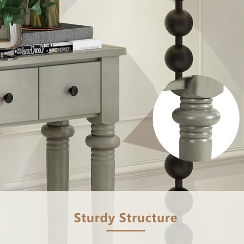Knocbel Retro Console Table with 4 Drawers and Open Shelf, Vintage Sofa Tables with Slim Legs for Entryway Living Room 59.8" W x 11" D x 34" H Grey Wash Knocbel
