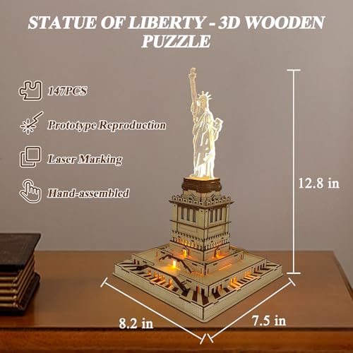 Ysityum 3D Wooden Puzzle for Adults - Statue of Liberty Wood Puzzle Modle Kits with USB LED Light, DIY Architecture Building Craft Toy Set Brain Teaser Gifts for Kids & Teens (147PCS)