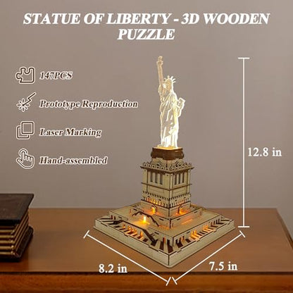 Ysityum 3D Wooden Puzzle for Adults - Statue of Liberty Wood Puzzle Modle Kits with USB LED Light, DIY Architecture Building Craft Toy Set Brain Teaser Gifts for Kids & Teens (147PCS)