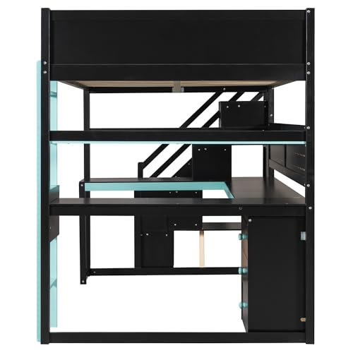 LUMISOL Full Size Gaming Loft Bed with Desk & Stairs, Solid Wood Loft Bed with Shelves & Pegboard, Black+Blue LUMISOL