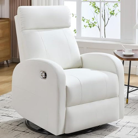 HOMYKA Swivel Rocker Recliner Chair, Manual Faux Leather Recliner, Glider Rocking Recliners 360°Swivel Nursery Reclining Chairs with Adjustable Headrest Highback for Living Room, White HOMYKA