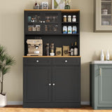 Tall Pantry Cabinet, Modern Kitchen Hutch with Microwave Stand, Kitchen Pantry Storage Cabinet with 2 Darwers & Door Shelf, Food Pantry with Glass Doors & Adjustable Shelves for Dining Room, Black Gyfimoie