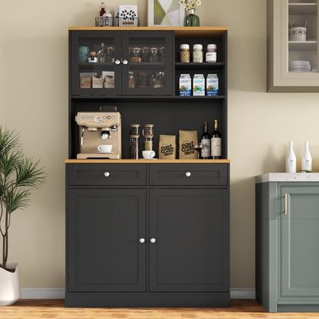 Tall Pantry Cabinet, Modern Kitchen Hutch with Microwave Stand, Kitchen Pantry Storage Cabinet with 2 Darwers & Door Shelf, Food Pantry with Glass Doors & Adjustable Shelves for Dining Room, Black Gyfimoie