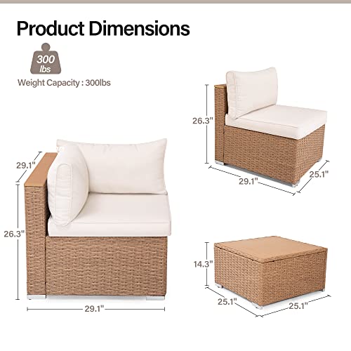 LAUSAINT HOME Outdoor Patio Furniture, 7 Piece Patio Furniture Set PE Rattan Sectional Conversation Sets with Thick Cushions & Wood-Like Coffee Table for Garden, Porch(Beige/Brown Wicker) - WoodArtSupply