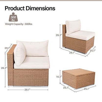 LAUSAINT HOME Outdoor Patio Furniture, 7 Piece Patio Furniture Set PE Rattan Sectional Conversation Sets with Thick Cushions & Wood-Like Coffee Table for Garden, Porch(Beige/Brown Wicker) - WoodArtSupply