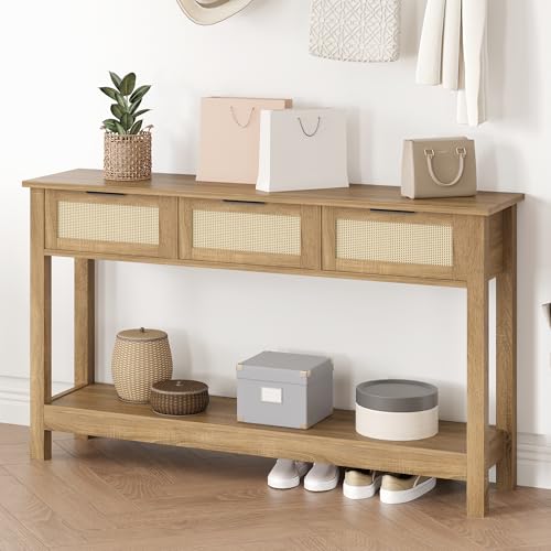 Luoxiao Rattan Console Table Boho Entryway Table with 3 Drawers Storage, Narrow Long Behind Couch Sofa Table for Living Room Side Table Entry Way Table Entrance Hallway Foyer, Natural, 47 Inch Luoxiao