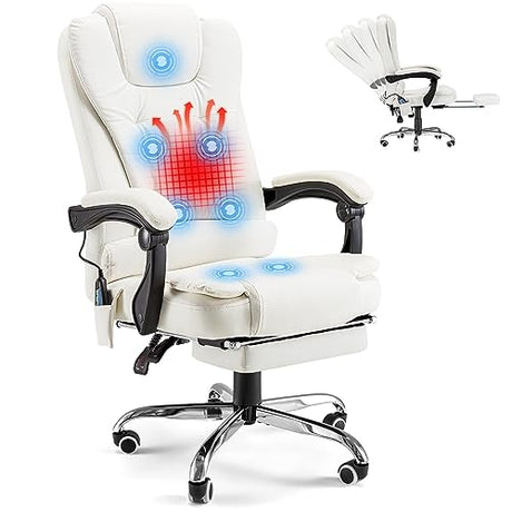 YODOLLA Ergonomic Reclining Office Chair with 7 Massage Points and Heat Function, Leather Executive Home Desk Chair w/Retractable Footrest, High Back Swivel Computer Chair, Cream White YODOLLA