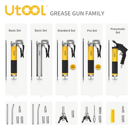 UTOOL Grease Gun, 8000 PSI Heavy Duty Pistol Grip Grease Gun Kit, 14 oz Capacity, 20 Inch Rubber Flex Hose, 1 Patented Double Handle Coupler, 1 Basic Coupler, 1 Needle Nozzle, 1 Hose Swivel, Yellow UTOOL