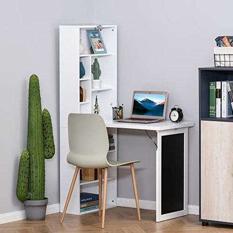 Zentrava Foldable Wall Mounted Desk with Storage Shelves, Fold Out Convertible Computer Table with Blackboard, Folding Writing Table Workstation for Small Spaces,Home Office (White) Zentrava