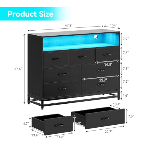 Black Dresser for Bedroom, Wooden Modern 7 Drawers Long Dresser with Charging Station and Led Lights Design, Large Capacity Storage Chest of Drawers, Wide Dresser for Living Room, Hallway GarveeHome