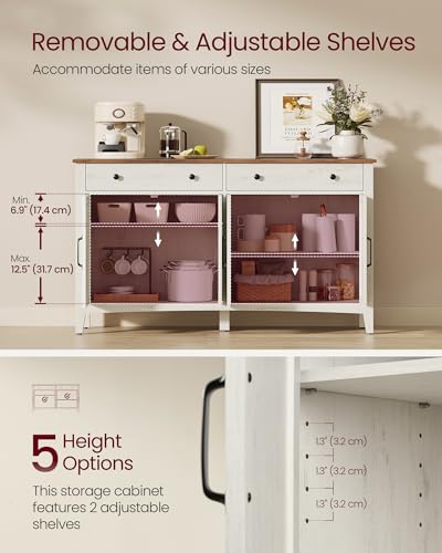 VASAGLE LIRY Collection - Buffet Cabinet, Coffee Bar Cabinet with 2 Drawers, Adjustable Shelves, Sideboard Storage with Cable Holes, Drawer Dividers, Rustic White and Honey Brown UBBK381W01 VASAGLE