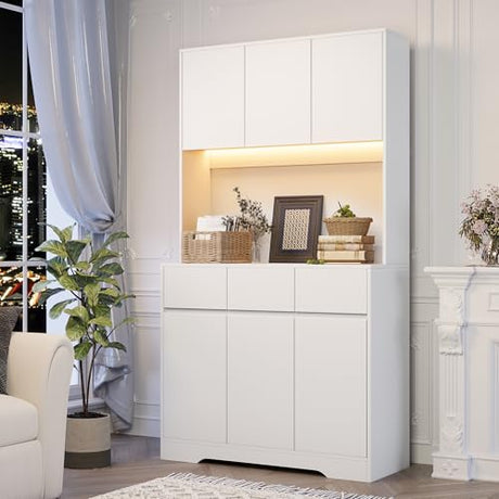71'' Pantry Cabinet with LED Light & Charging Station, Tall Freestanding Kitchen Storage Cabinet with Microwave Stand, Modern Hutch with Drawers & Open Countertop for Dining Room, Living Room, White NUNU LAB