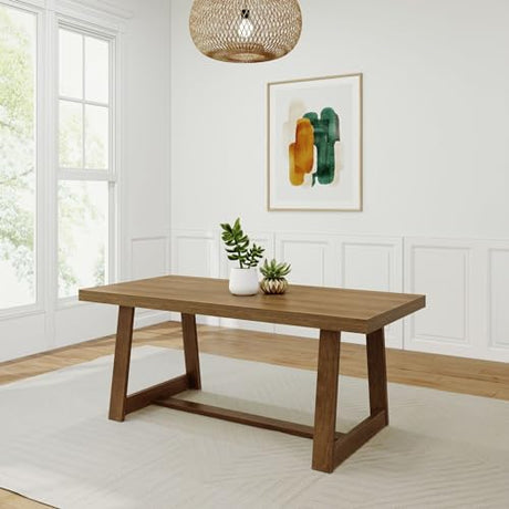Plank+Beam 72 Inch Farmhouse Dining Table, Solid Wood Rustic Kitchen Table, Large Wooden Rectangular Dinner Table for Dining Room, Home Office, Living Room Furniture, Easy Assembly, Pecan Wirebrush Plank+Beam