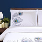 100% Cotton, 3-Piece King/California King, Single Ply, Soft, Embroidered Peacock Duvet Cover Set, Silver Superior