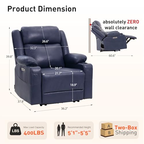 EONIX Wall Hugger Recliner for Small Space, Real Zero Clearance Power Recliner, Lazy Boy Recliner Chair with Cup Holders for RV, Living Room, Bedroom, SXXY011990, Navy Blue