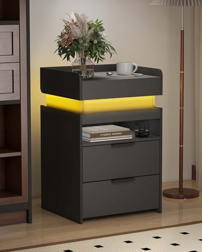 Baoz Nightstand with Gun Drawer, Charging Night Stand with USB and AC Ports, LED Nightstand, NightStands with Gun Drawer, Smart Night Stand with Sliding Top Storage Baoz