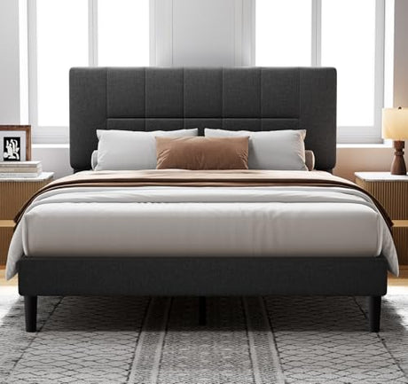 Pipishell Full Size Bed Frame with 12 Thickened Legs&Fabric Upholstered Headboard,1300 Lbs Weight Capacity, Adjustable Headboard, No Box Spring Needed, Easy Assembly, Underbed Storage（Solid Wooden） Pipishell