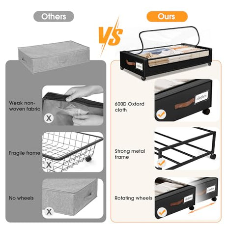 SpaceHacks Under Bed Storage with Wheels 3Pack Storage Containers with Clear Window&Label Under Bed Drawers Rolling Under Bed Storage for Clothes,Shoes, Blankets (30.71 x 16.93 x 6.69 in, Black) SpaceHacks