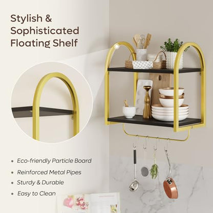 Bestier Black Floating Shelves for Wall, 2 Tier Black Shelves for Room Wall Decor with Towel Bar and Hooks, Gold Floating Shelves for Kitchen, Living Room, Bedroom, Bathroom, Classic Black - WoodArtSupply