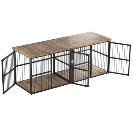 Garvee 87 in Extra Large Double Dog Crate Furniture with Divider, Heavy Duty Indoor Double Dog Cage with 3 Doors, XXL Wooden Pet House TV Stand for 2 Pets, Black+Brown Garvee
