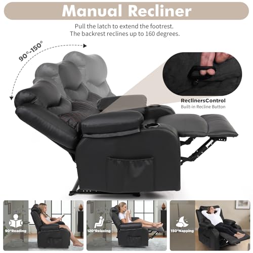 linting Massage Recliner Chairs with Heat, Wide Seat Reclining Lounge Chair for Home Theater, Faux Leather Heated Massaging Manual Recliner Chair with Cup Holder for Adult, Black