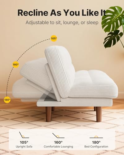 AMADA HOMEFURNISHING 65" Futon Sofa Bed, Convertible Futon Couch with Adjustable Backrest, Ergonomic Recliner Sleeper Sofa with Corduroy Fabric for Living Room, Office, Guest Room (White) AMADA HOMEFURNISHING