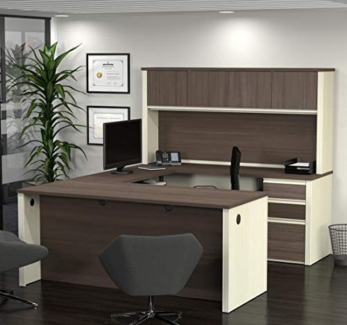 Bestar Prestige + 72W U-Shaped Executive Desk with 2 Pedestals and Hutch in White Chocolate & Antigua Bestar