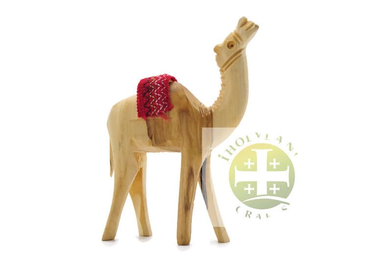 Wooden Camel Figurine, Handmade Olive Wood Nativity Camel with Embroidery Saddle Carved in the Holy Land by Christian Artisans, Nativity Animals, iHoly Land Crafts