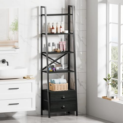 Furologee 5-Tier Industrial Ladder Shelf with 2 Drawers for Versatile Home Storage - WoodArtSupply