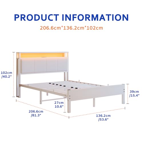 VECOCHO Full Size Bed Frame with LED Lights,Upholstered Headboard with Storage Shelves&Charging Station, Heavy Duty LED Bed Frame Full Mattress Foundation No Box Spring Needed, Noise Free,White VECOCHO