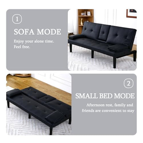 Convertible Sleeper Sofa Bed, Modern Leather Futon Couch Bed Twin Size, 67'' Recliner Reversible Loveseat Folding Couches Guest Bed for Small Spaces Living Room Office Dorm RV, 2 Cupholders (Black) Xinmviec