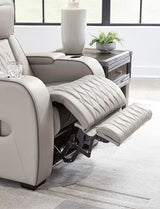 Signature Design by Ashley Boyington Contemporary Leather Match Power Reclining Sofa with USB Charging Ports, LED Lights and Adjustable Headrest, Light Gray Signature Design by Ashley