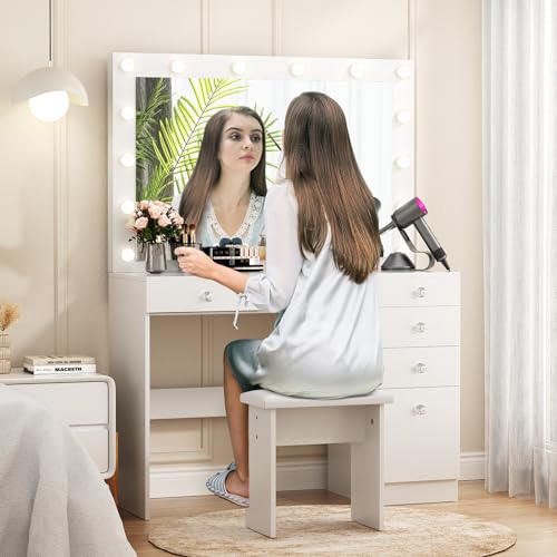VOWNER Vanity with Lights - 43" Makeup Vanity Desk with Power Outlet, 5 Drawers and 1 Cabinet, 3 Color Lighting Modes with Adjustable Brightness,Makeup Desk with Stool for Women Girls, White VOWNER