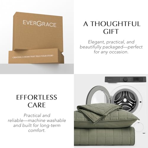 EVERGRACEHOME 100% Cotton Box Stitch Quilt Bedding Set King Size 3 Pieces, Garment-Washed Lightweight Soft Cozy Coverlet, Oversized Quilted Bedspread Sets with 2 Shams for All Season, Olive Green EVERGRACEHOME