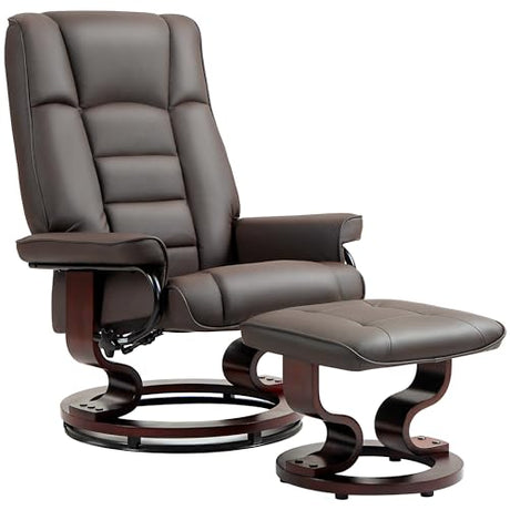 HOMCOM Faux Leather Reclining Chair, Swivel Ottoman Chair, Recliner with Ottoman with High Back and Wood Frame for Living Room, Brown HOMCOM
